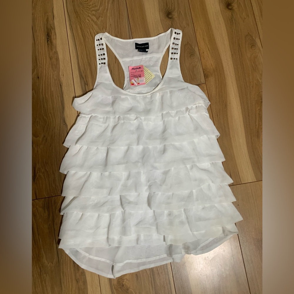 Central Park West White ruffle tank top with studded detailing